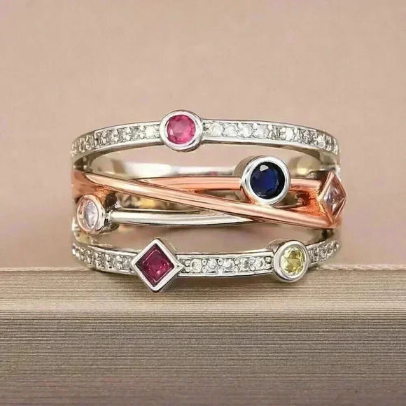 Gorgeous 14k Rose Gold Sterling Silver Diamond Multi Precious Stone Ring - Picture 3 of 8